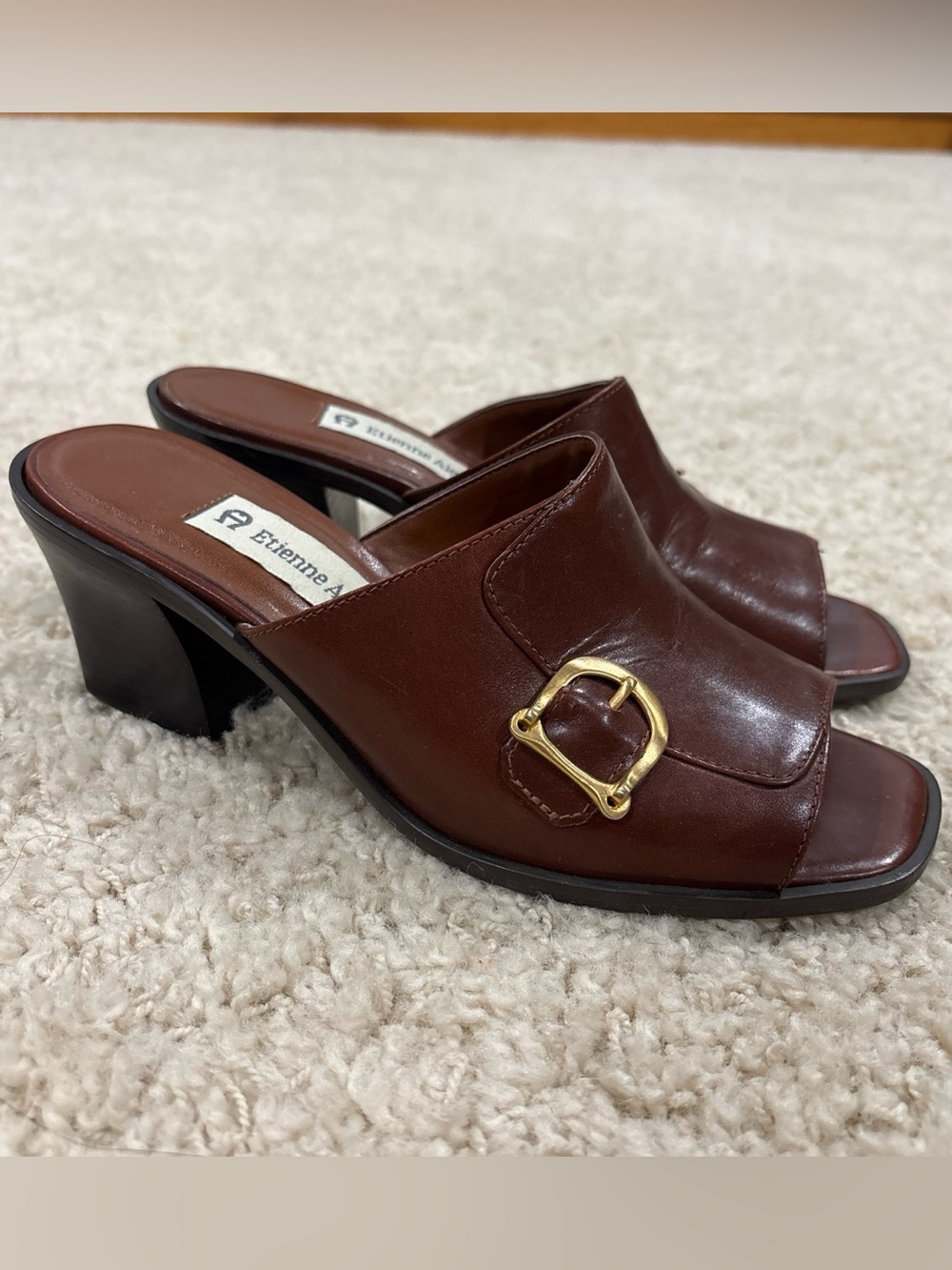 Vintage Etienne Aigner Brown Leather Mule Block Heel Square Toe Sandals Size 6M